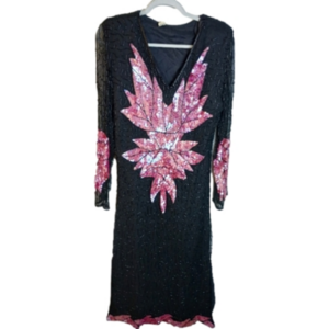 Vintage Silk Black and Pink Beaded Sequin Formal Gown Small